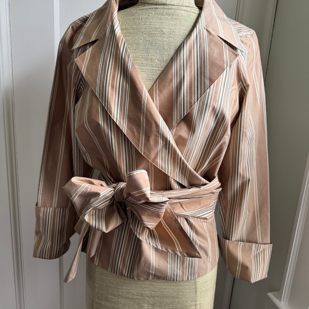 Tommy Bahama Silk/Cotton Striped Tan Wrap Blouse